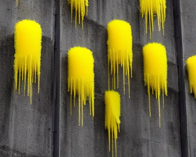 Image similar to Yellow sponges. Dark metal towers. Soft yellow spikes and sponges. Brutalism, dark concrete. Surreal wisps and wafts, a building made of yellow metal, dark sponge