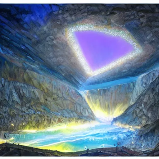 Image similar to a diamond mine, lots of diamonds unearthed, a lights is being reflected all around the dark cave mine, luminous Color’s, murial art, concept art.