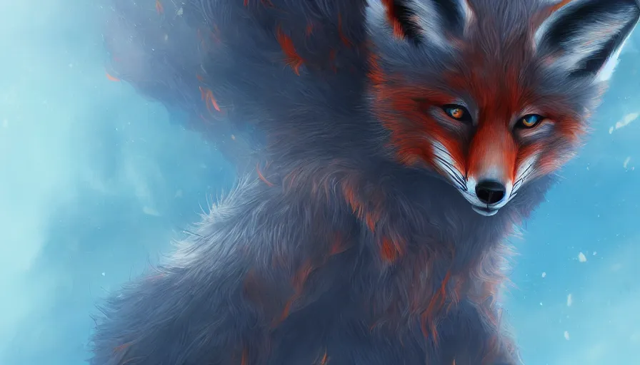 Image similar to fox on fire with wings and blue eyes, hyperdetailed, artstation, cgsociety, 8 k