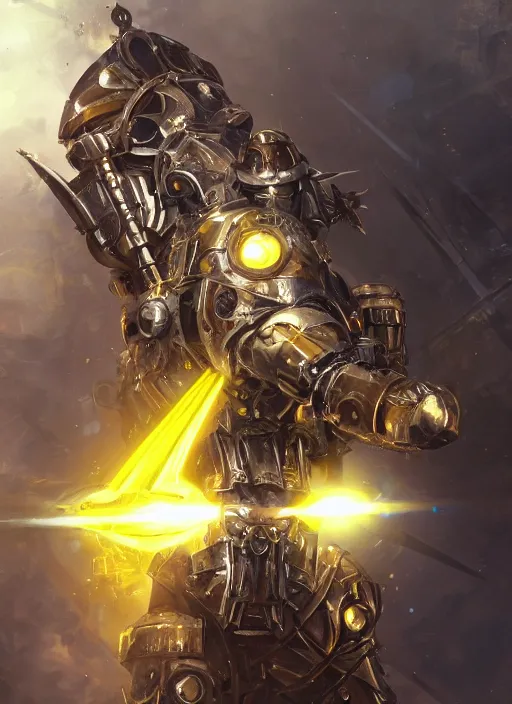 Image similar to dynamic attack position abstract portrait of a intricate glorious holy mechanical warforged character in yellow armor holding a paladin engraved great longsword drawn and carrying a big paladin shield, beam projector when eye is, face in focus, epic , trending on ArtStation, masterpiece, cinematic lighting, by Ross Tran and by Greg Rutkowski