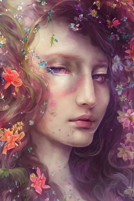 Image similar to a portrait of a beautiful elvish goddess with flowers in her hairs , hd, 4k, 8k, highly detailed, sharp, ethereal, astral environment in style of Anna Dittmann