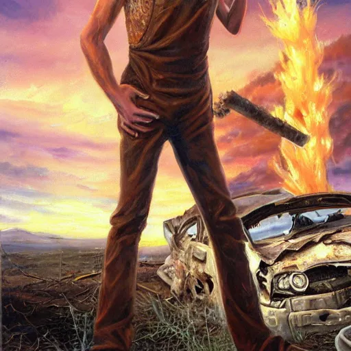 Image similar to a skinny elf with spiky blonde hair wearing dark brown overalls and holding dynamite standing next to a destroyed car, painting by Mark Arian