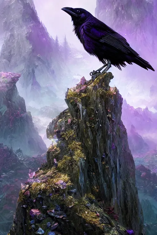 Image similar to portrait of a beautiful one raven perched on purple crystals that are glowing in a misty valley, establishing shot, extremly high detail, foto realistic, cinematic lighting, by yoshitaka amano, ruan jia, kentaro miura, artgerm, post processed, concept art, artstation, raphael lacoste, alex ross