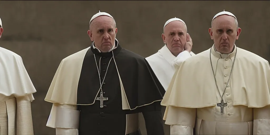 Image similar to film frame of the pope and eminem doing a rap freestyle 4 k quality rule of thirds eminem's face detail cinematic color grading by christopher nolan. two only main characters.