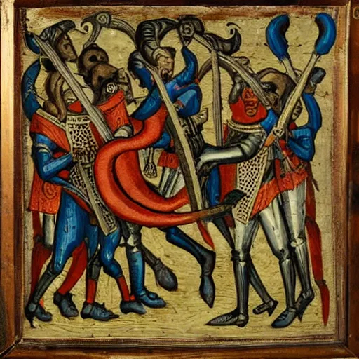 Prompt: medieval european art depicting a giant alien squid attacking a group of knights in a field, very detailed, very intricate,