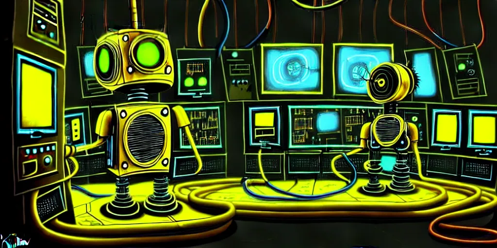 Prompt: steampunk robot happy Funny cartoonish with neon cables at a nuclear control room, by Gediminas Pranckevicius and Felix-Kelly H 704