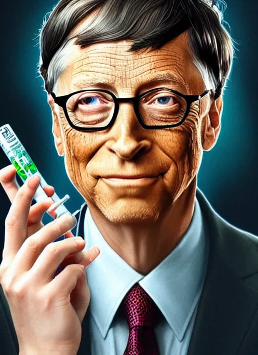 Image similar to bill gates with reptile eyes!!!, vertical reptile pupil!!!, lizard skin!!!, holding a syringe!!, portrait, intricate, elegant, highly detailed, digital painting, artstation, concept art, wallpaper, smooth, sharp focus, illustration, art by artgerm and greg rutkowski and alphonse mucha