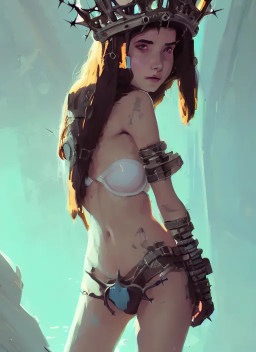 Prompt: portrait of cute maiden girl with crown of thorns in cyber bikini armor, warhammer, cyberpunk, by atey ghailan, by greg rutkowski, by greg tocchini, by james gilleard, by joe fenton, by kaethe butcher, dynamic lighting, gradient light blue, brown, blonde cream and white color in scheme, grunge aesthetic