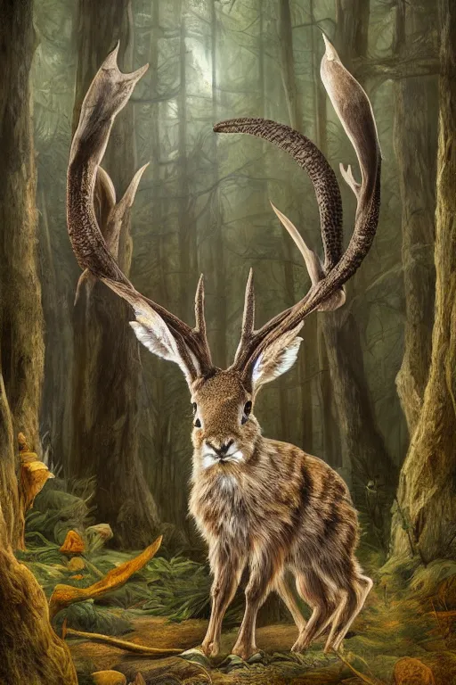 Prompt: medium shot jackalope in the museum, detailed fur, highly detailed, sharp focus, digital painting, blurred forest background artwork by Victor Adame Minguez + Yuumei + Tom Lovell + Sandro Botticelli,
