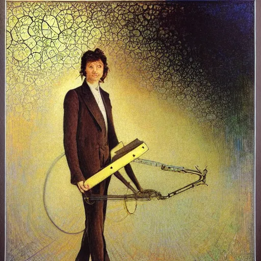 Image similar to realistic extremely detailed portrait painting of. an average. man with his. briefcase .in his. left hand . by Jean Delville, Amano, Yves Tanguy, Alphonse Mucha, Ernst Haeckel, Edward Robert Hughes, Roger Dean, pale muted pastel moody colors, gold eyes