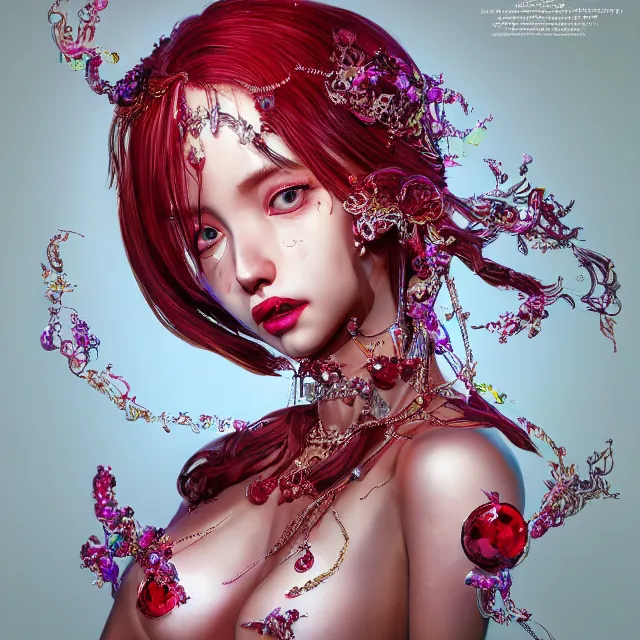 Image similar to studio portrait of absurdly beautiful, elegant, young hypercolorful gravure idol made of rubies and red gems, ultrafine hyperrealistic detailed face illustration by kim jung gi, irakli nadar, intricate linework, sharp focus, bright colors, matte, octopath traveler, final fantasy, unreal engine highly rendered, global illumination, radiant light, intricate environment