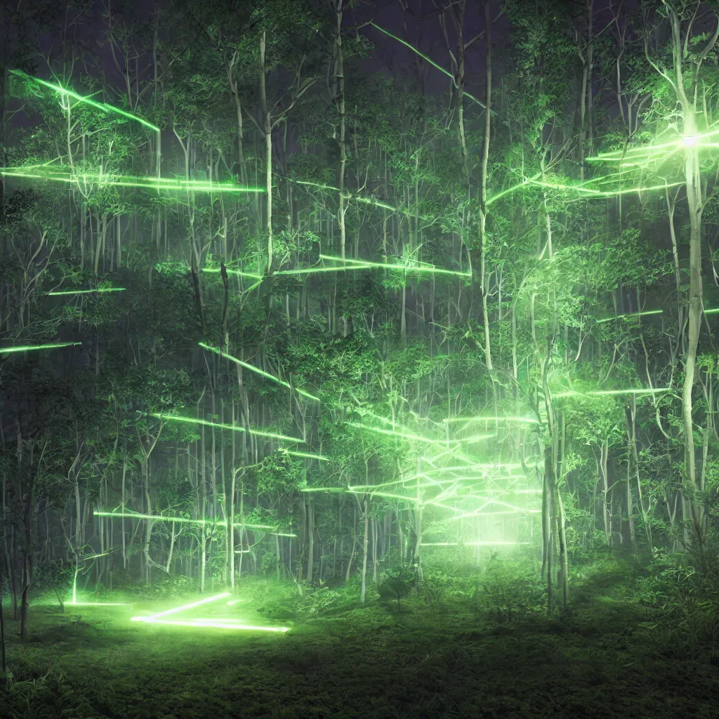 Prompt: rave green laser lights, at night in the cyber forest, reuben wu, jenni pasanen, epic composition, hd, octane, unreal engine, volumetric lighting, light rays, masterpiece, award - winning