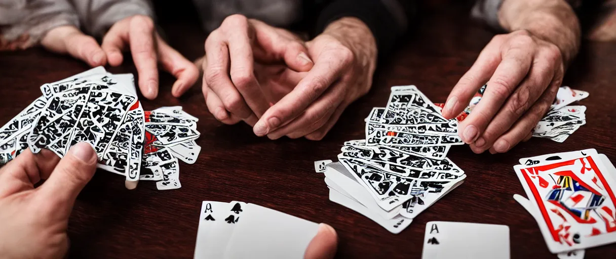 Image similar to a high quality color extreme creepy atmospheric wide dutch angle hd 4 k film 3 5 mm photograph of closeup of hands of caucasian men playing cards, smoking cigarettes with full ashtray on a table