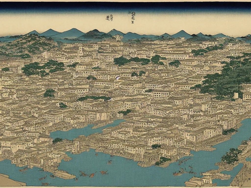 Image similar to View of the old Rome. Artwork by Hiroshige.