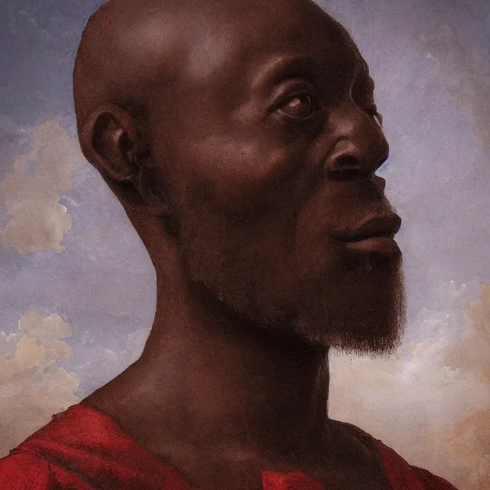 Image similar to a painting of a wise African man by Leonardo da Vinci . dramatic angle, ethereal lights, details, smooth, sharp focus, illustration, realistic, cinematic, artstation, award winning, rgb , unreal engine, octane render, cinematic light, macro, depth of field, blur, red light and clouds from the back, highly detailed epic cinematic concept art CG render made in Maya, Blender and Photoshop, octane render, excellent composition, dynamic dramatic cinematic lighting, aesthetic, very inspirational, arthouse.