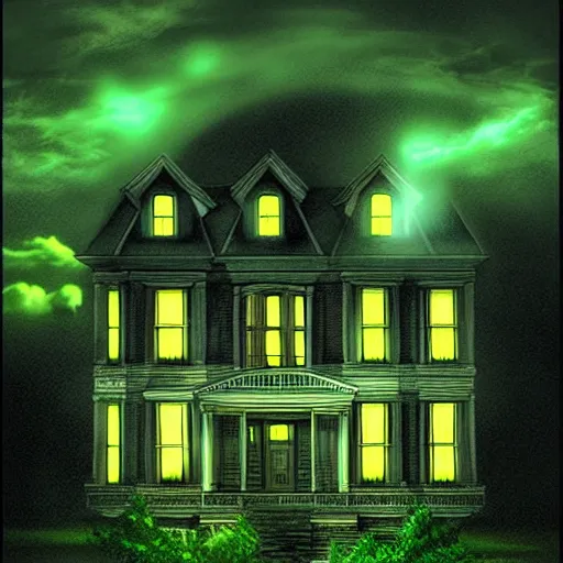 Prompt: Tim Jacobus art, haunted mansion, outside, upward angle, green light coming from window, ghosts night sky, lighting, clouds, artgerm, realistic, horror