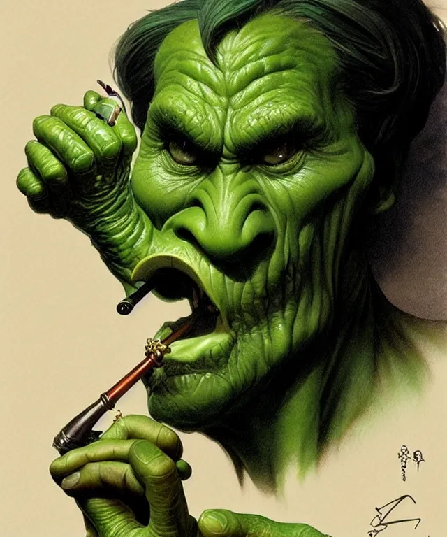 Prompt: a green-skinned goblin smoking a pipe, portrait, intricate, elegant, highly detailed, smooth, sharp focus, art by artgerm and greg rutkowski and alphonse mucha