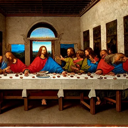 Image similar to an American comic book panel of The Last Supper by Leonardo da Vinci