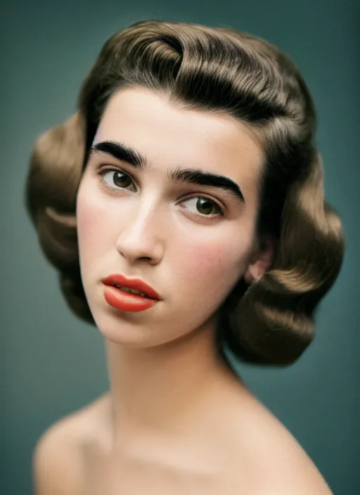 Prompt: kodak portra 4 0 0, 8 k, highly detailed, britt marling style 3 / 4 photographic close - up face of a beautiful dua lipa with 1 9 5 0 s hairstyle, 1 9 5 0, 1 9 5 0 s style, symmetrical, hasselblad x 1 d - 5 0 c, medium format. soft light
