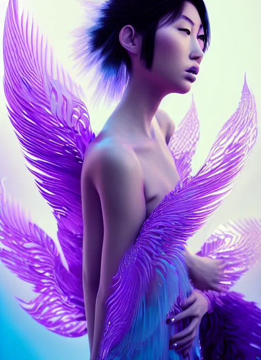 Prompt: elegant beautiful young asian woman by irakli nadar, several layers of 3 d translucent feathers fractals radiating behind with sacred geometry, cosmic, natural, awakening, effervescent, warm, photo realistic, epic and cinematic, purple, light blue