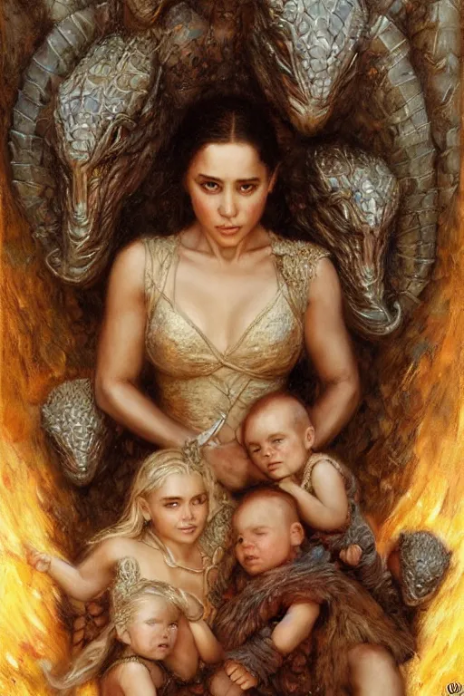 Prompt: portrait of daenerys targaryen surrounded by three baby dragons. art by gaston bussiere and tomacz alen kopera.