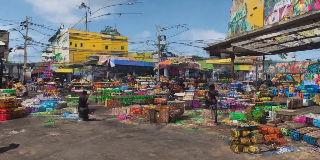 Image similar to market la terminal in guatemala city if it was a game like grand theft auto v first person view, with realistic visuals and award winning gameplay, graffitis