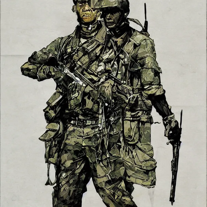 Prompt: burmese pdf soldier, painting, by greg ruthowski, yoshikata amano, yoji shinkawa, alphonse murac, collaborative artwork, beautifully drawn, heavily detailed