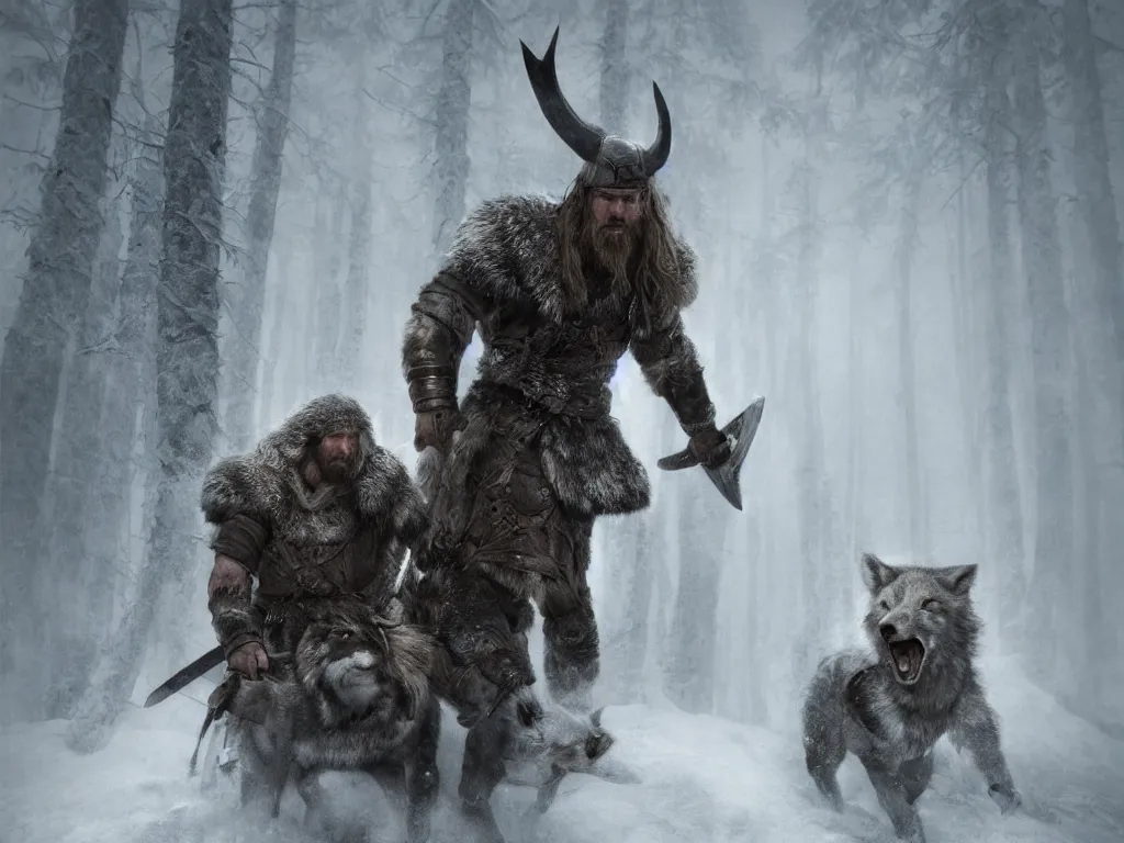 Prompt: epic portrait an male viking fighting with an wolf during blizzardy winter weather, blurry forest backround, brutal, digital painting, artstation, concept art, soft light, hdri, smooth, sharp focus, illustration, fantasy, intricate, elegant, highly detailed, D&D, matte painting, in the style of Greg Rutkowski and Alphonse Mucha and artemisia, 8k, highly detailed, jurgens, rutkowski, bouguereau, pastoral, rustic, georgic, detailed concept art, illustration, colorful pastel, painting, detail, ultra detailed, digital art, 4K,
