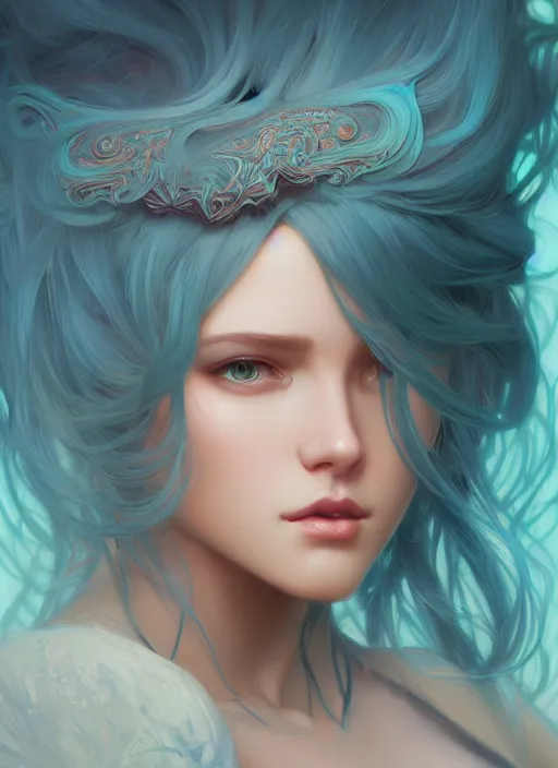 Image similar to beautiful girl with long turqoise hair, cute, intricate, highly detailed, digital painting, trending on artstation, concept art, smooth, sharp focus, illustration, unreal engine 5, 8 k, art by artgerm and greg rutkowski and alphonse mucha