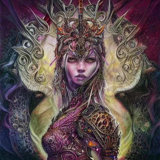 Prompt: hyper realistic pencil drawing of a eldritch queen, intricate detail, beautiful, battle armor, war, fight, light, dragon, colorful by anna dittmann-C 6