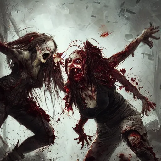 Image similar to two angry zombie girls attacking each other, intricate, art by greg rutkowski, high detailed, 4 k,