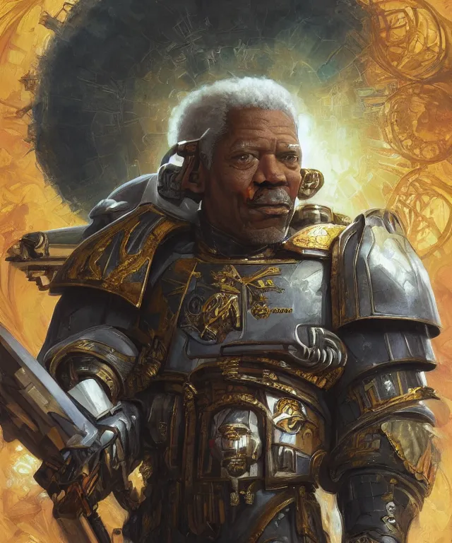 Image similar to morgan freeman as the warhammer 4 0 k space marine emperor, portrait, fantasy, intricate, elegant, highly detailed, digital painting, artstation, concept art, smooth, sharp focus, illustration, art by artgerm and greg rutkowski and alphonse mucha