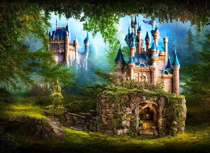 Prompt: photo of a glass box with a castle and magical kingdom inside in the forest. Fantasy magic style. Highly detailed 8k. Intricate. Nikon d850 55mm. Award winning photography.