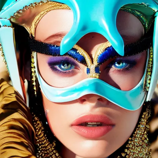 Prompt: A high resolution ultra close up macro portrait of an editorial Versace model with an ornate turquoise color blocks gem crystal helmet mask scarf in sand dunes up by David Lachapelle