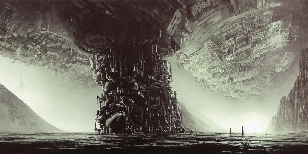 Prompt: the depths of a vast artificial world with massive towering pillars holding the ceiling of the landscape up, detailed, ruby coloration, energetic beings patrolling, extreme depth, alan bean and peder balke collaboration, godrays, colossal hovering machine automations of brutalist design visible in the foreground