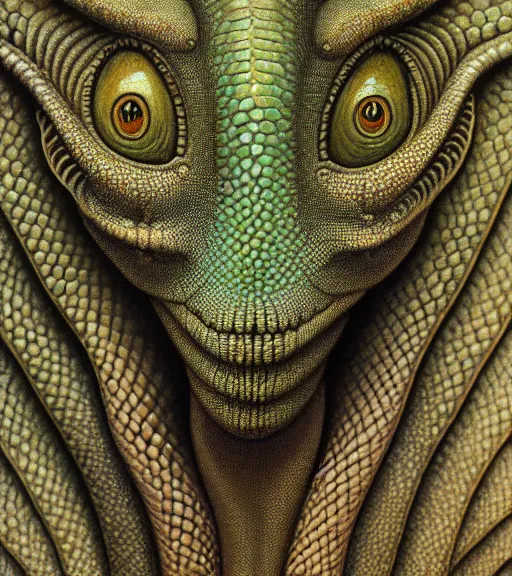 Image similar to detailed realistic beautiful gecko goddess face portrait by jean delville, gustave dore, iris van herpen and marco mazzoni, art forms of nature by ernst haeckel, art nouveau, symbolist, visionary, gothic, neo - gothic, pre - raphaelite, fractal lace, intricate alien botanicals, ai biodiversity, surreality, hyperdetailed ultrasharp octane render