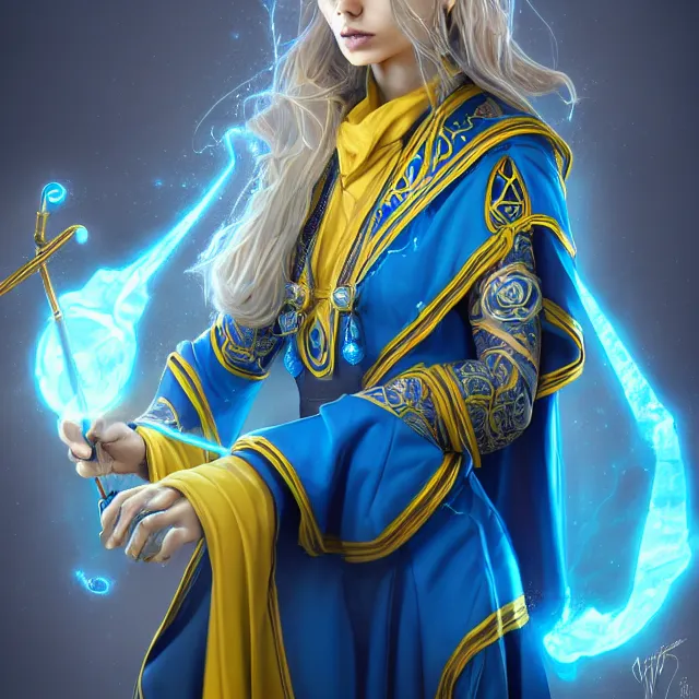 Image similar to beautiful elemental electric witch with ornate blue andyellow robes and staff, highly detailed, 4 k, hdr, smooth, sharp focus, high resolution, award - winning photo, artgerm, photorealistic