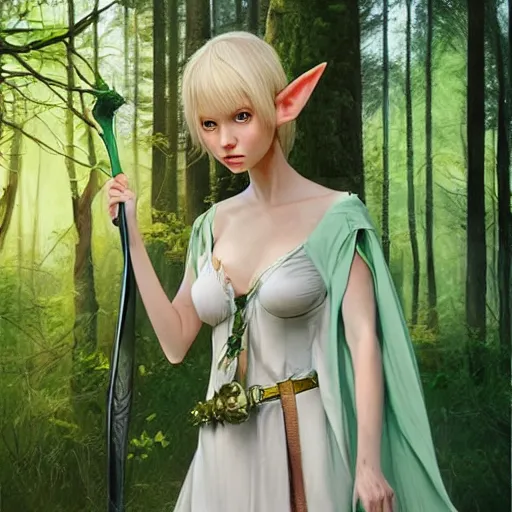 Prompt: a realistic portrait of a realistic female elf with a long withe and light green dress holding a scepter walking in the woods , perfect and hyperrealistic ultra detailed face, by WLOP