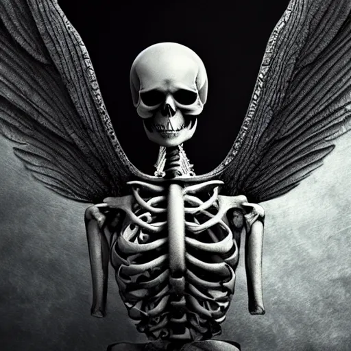 Image similar to a male skeleton with wings, illustration style, symbolic, cinematic, dark and moody scene, super detailed and intricate, elegant, hyper - realistic