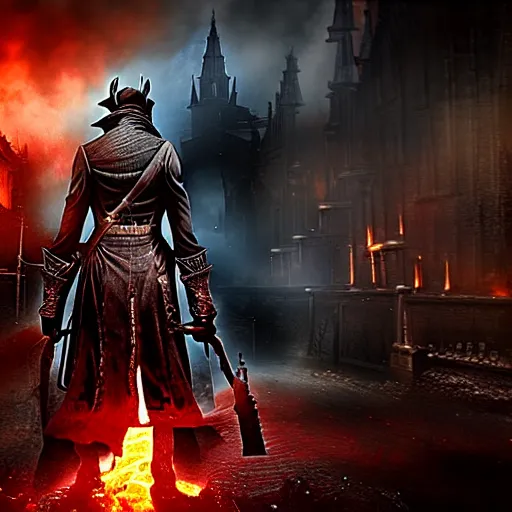 Prompt: looking down rifle in bloodborne first person shooter, close focus, dark, fire in background, hyperrealistic, 4 k