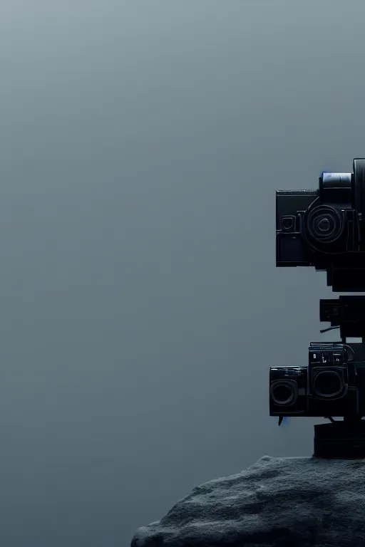 Prompt: distant photo of a tiny black figure sitting on top of a giant camera on a camera world, 4 k, unreal engine, movie poster realistic concept art, no words, cinematic, dramatic, intricate, elegant, 8 k