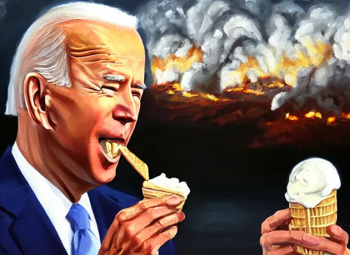 Prompt: oil painting of joe biden eating an ice cream with the whitehouse on fire behind him beautiful artwork by rutowski, realistic, 4 k, masterpiece