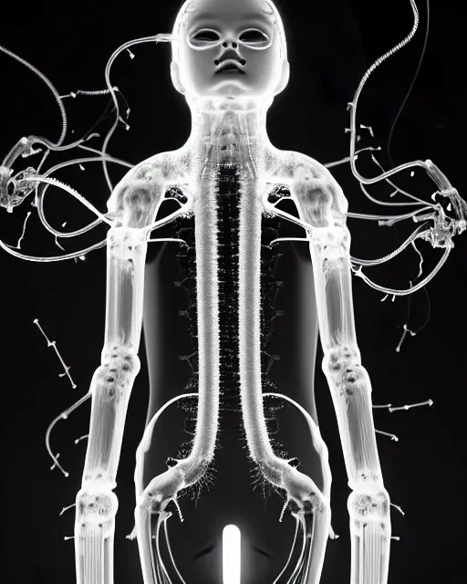 Image similar to black and white young cyborg-human-jellyfish-plant goddess high quality photo, microchip, artificial intelligence, bio-mechanical bio-luminescence, black wired cables, neurons, nerve cells, octane render, cinematic, rim light, hyper realism, photo-realistic, high detail, 8k, masterpiece, high fashion, in the style of H.G. Giger