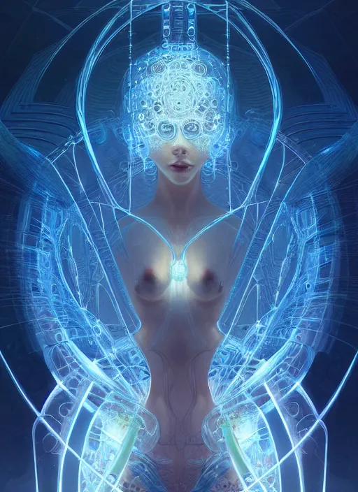 Image similar to fractals!! water, hybrids, tech wear, scifi, glowing lights!! intricate elegant, highly detailed, digital painting, artstation, concept art, smooth, sharp focus, thin glowing wires, illustration, art by artgerm and greg rutkowski and alphonse mucha, singularity!!!