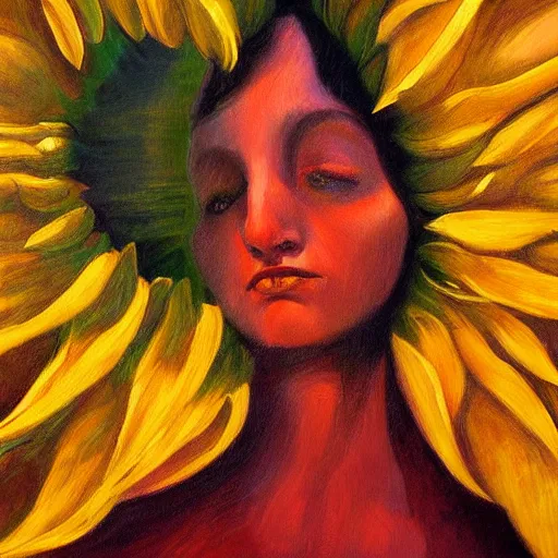 Prompt: closeup, giant sunflower head, woman standing in a room, surreal, dramatic light, impressionist painting, digital painting, artstation, georgia o'keeffe