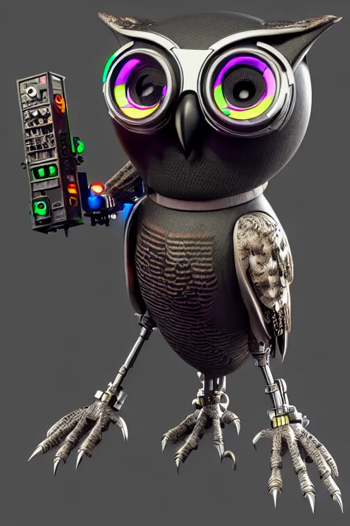 Image similar to high quality 3 d render very cute cyborg owl! with boombox!, cyberpunk highly detailed, unreal engine cinematic smooth, in the style of blade runner & detective pikachu, hannah yata charlie immer, moody light, low angle, uhd 8 k, sharp focus