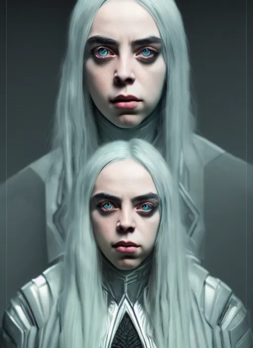 Prompt: Billie Eilish as female loki by, hyper detail, hyper realistic, octane render, noir, gorgeous symmetrical face, elegant, intricate, studio lighting, by Greg rutkowski