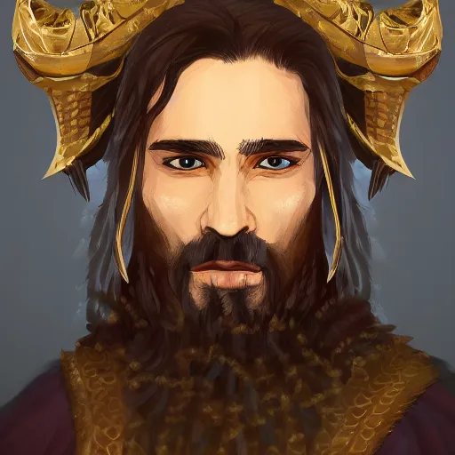 Prompt: A portrait of a king with a trimmed beard, dual wielding swords, wearing dragonscale armor and a cheetah pelt cloak, fantasy, artstation