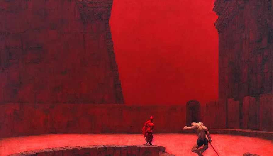 Image similar to only with red, a red gladiator in a crowded roman amphitheatre, crowd cheers him, in the style of beksinski, parts by edward hopper, parts by rodcenko, parts by yue minjun, intricate and epic composition, red by caravaggio, insane quality, highly detailed, masterpiece, red light, artstation