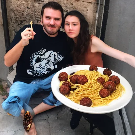 Image similar to kraken and Cthlulu share a romantic plate of spaghetti and meatballs in a Parisian alley, in the style of Disney's Lady and the Tramp,